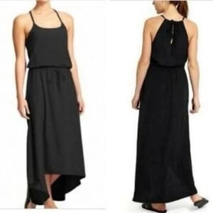 Athleta Malti Patio Maxi Dress Women XL Black Halter Neck Built In Bra High-Low